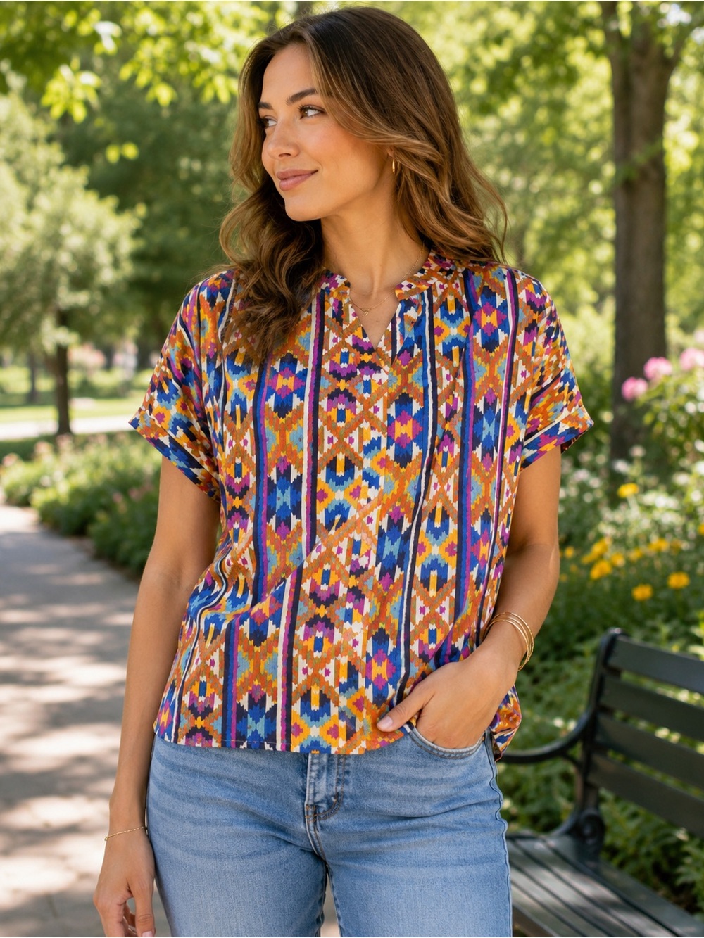 Elizabeth James the Label Colorful Geometric Print Women's Top New $185